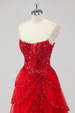 Sparkly Dark Red A Line Strapless Sequins Tiered Corset Prom Dress with Slit