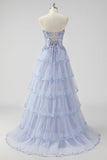 Sparkly Sage Green A Line Spaghetti Straps Sequins Corset Tiered Prom Dress with Slit