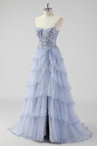 Sparkly Sage Green A Line Spaghetti Straps Sequins Corset Tiered Prom Dress with Slit