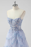 Sparkly Sage Green A Line Spaghetti Straps Sequins Corset Tiered Prom Dress with Slit