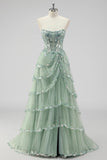 Sparkly Sage Green A Line Spaghetti Straps Sequins Corset Tiered Prom Dress with Slit