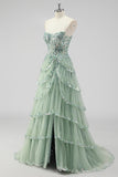 Sparkly Dark Red A Line Strapless Sequins Tiered Corset Prom Dress with Slit