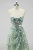Sparkly Sage Green A Line Spaghetti Straps Sequins Corset Tiered Prom Dress with Slit