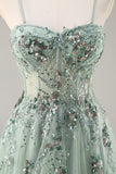 Blue Strapless A Line Sequins Tulle Corset Long Prom Dress With Slit