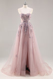Blue Strapless A Line Sequins Tulle Corset Long Prom Dress With Slit