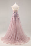 Blue Strapless A Line Sequins Tulle Corset Long Prom Dress With Slit