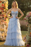 Sparkly Sage Green A Line Spaghetti Straps Sequins Corset Tiered Prom Dress with Slit