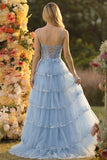 Sparkly Sage Green A Line Spaghetti Straps Sequins Corset Tiered Prom Dress with Slit