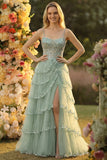 Sparkly Sage Green A Line Spaghetti Straps Sequins Corset Tiered Prom Dress with Slit