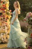 Sparkly Sage Green A Line Spaghetti Straps Sequins Corset Tiered Prom Dress with Slit