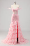 Corset Mermaid Cold Shoulder Appliqued Pink Prom Dress