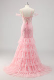 Corset Mermaid Cold Shoulder Appliqued Pink Prom Dress