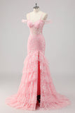 Corset Mermaid Cold Shoulder Appliqued Pink Prom Dress