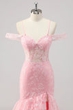 Corset Mermaid Cold Shoulder Appliqued Pink Prom Dress