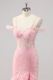 Corset Mermaid Cold Shoulder Appliqued Pink Prom Dress