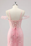 Corset Mermaid Cold Shoulder Appliqued Pink Prom Dress