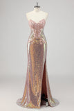 Strapless Mermaid Blush Corset Sequin Prom Dress