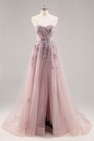 Blue Strapless A Line Sequins Tulle Corset Long Prom Dress With Slit