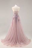 Blue Strapless A Line Sequins Tulle Corset Long Prom Dress With Slit