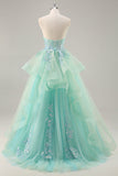 Strapless A Line Green Corset Long Prom Dress with Sequins