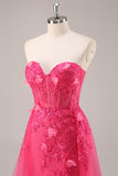 Fuchsia Corset Slit Strapless Long Prom Dress with Appliques