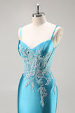 Mermaid Satin Corset Blue Prom Dress with Beadings