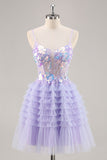 Sparkly Purple A Line Corset Tulle Tiered Short Prom Dress with Sequins