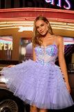 Sparkly Purple A Line Corset Tulle Tiered Short Prom Dress with Sequins