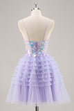 Sparkly Purple A Line Corset Tulle Tiered Short Prom Dress with Sequins