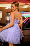 Sparkly Purple A Line Corset Tulle Tiered Short Prom Dress with Sequins