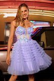 Sparkly Purple A Line Corset Tulle Tiered Short Prom Dress with Sequins