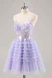 Purple Tulle Tiered A Line Short Prom Dress with Appliques