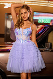 Sparkly Purple A Line Corset Tulle Tiered Short Prom Dress with Sequins