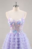Purple Tulle Tiered A Line Short Prom Dress with Appliques