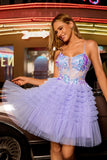 Sparkly Purple A Line Corset Tulle Tiered Short Prom Dress with Sequins