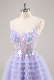 Purple Tulle Tiered A Line Short Prom Dress with Appliques