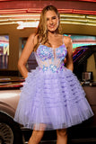Sparkly Purple A Line Corset Tulle Tiered Short Prom Dress with Sequins