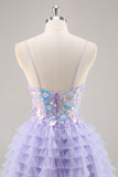 Purple Tulle Tiered A Line Short Prom Dress with Appliques