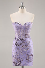 Strapless Beaded Bodycon Purple Cocktail Dress with Appliques