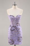 Purple Strapless Beaded Corset Cocktail Dress with Appliques