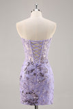 Purple Strapless Beaded Corset Cocktail Dress with Appliques