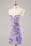 Strapless Beaded Bodycon Purple Cocktail Dress with Appliques