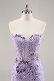 Strapless Beaded Bodycon Purple Cocktail Dress with Appliques