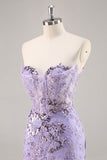 Strapless Beaded Bodycon Purple Cocktail Dress with Appliques