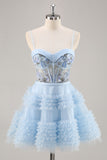 Blue Beaded A Line Corset Short Prom Dress