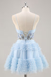 Blue Beaded A Line Corset Short Prom Dress