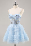 Blue Beaded A Line Corset Short Prom Dress