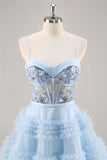 Blue Beaded A Line Corset Short Prom Dress