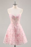 Corset Strapless A Line Pink Floral Short Prom Dress with Appliques
