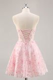 Pink Corset A Line Strapless Short Prom Dress with Appliques
